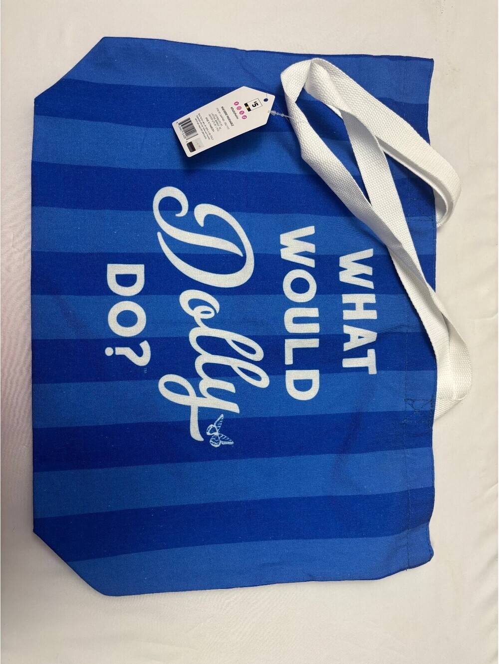 Dolly Parton Blue Striped Tote Bag with White Handles